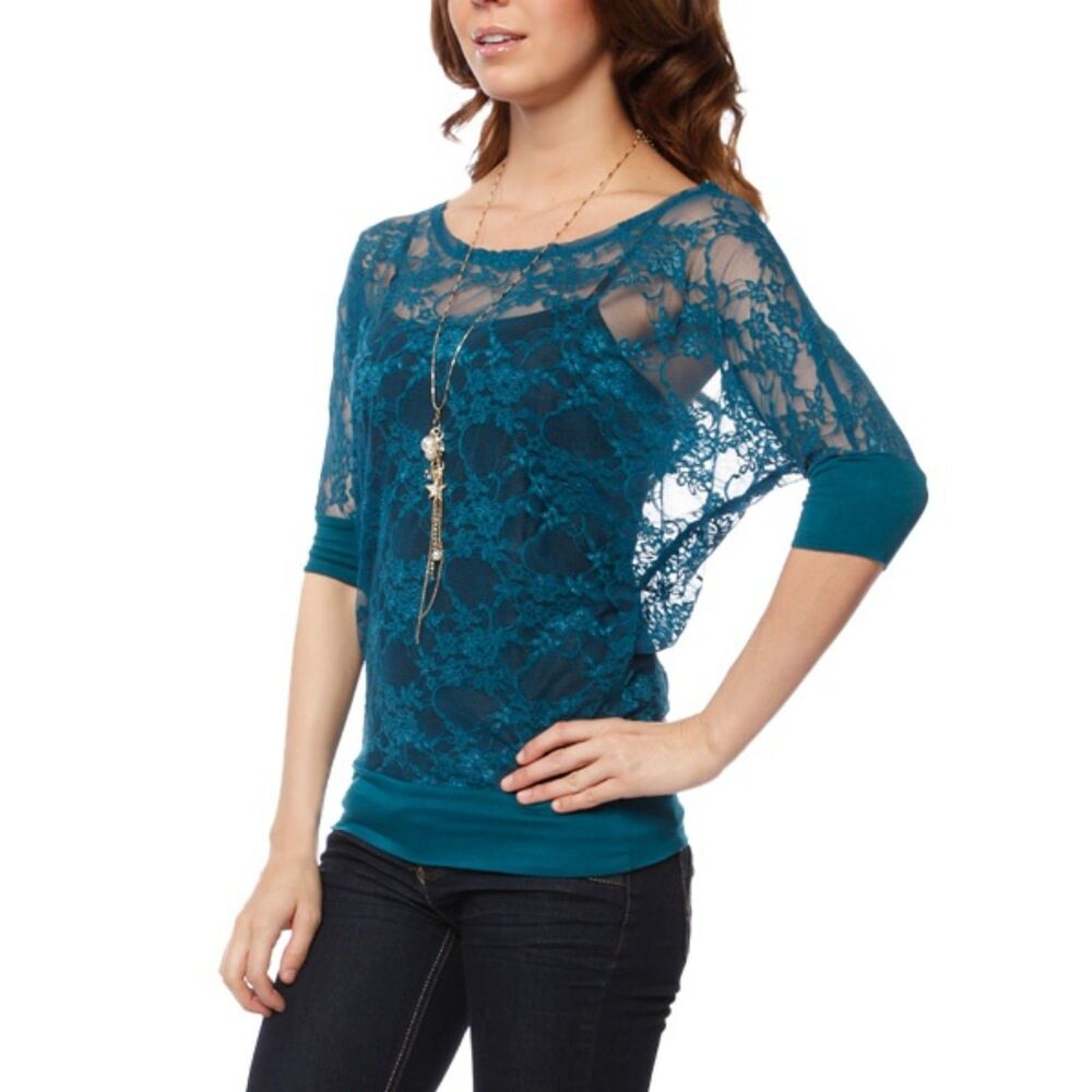 Papaya Teal Blue Floral Lace top Size M